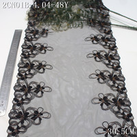 Accessoires de vêtements en gros, dentelle de luxe, largeur 30 cm, tulle noir, paillettes, broderie florale fantaisie, dentelle en maille pour robe Abaya