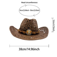 Chapeau de cowboy tissé style bohème western marron avec fleurs dorées et perles en bois, idéal pour festivals de musique et fêtes personnalisées pour adultes - Vente en gros