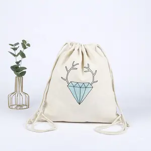 Customized Backpack Gym Yoga Sack Pack Drawstring Draw Pull String Back Cloth Canvas Tote Bag With Inside Pockets Ribbon