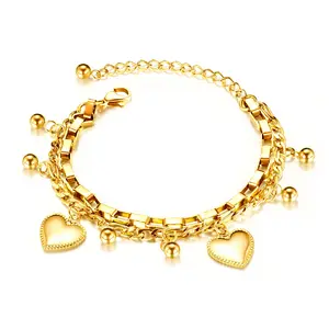 bracelet femmes argent double verrouillage Suppliers-Bracelet de lune or 18K en acier inoxydable pour femmes, bijou à breloque en forme de cœur, chaîne réglable, pendentif cadenas en forme de cœur, tendance