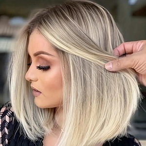 วิกผมสั้นสำหรับผู้หญิง <span class=keywords><strong>ทรง</strong></span>บ๊อบแสกกลาง สีน้ำตาลทองไล่เฉด ความยาวปานกลาง วิกผมสังเคราะห์แบบเต็มศีรษะ ไม่มีเชือกผูก - Product Image 2