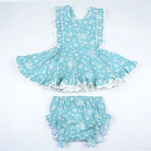 Baby girls floral printing pinafore bloomers sets custom made kids flutter sleeves children summer dresses sets