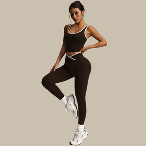 Phụ Nữ Màu Sắc Tương Phản 2 Mảnh Nén Thể Thao Tập Thể Dục Liền Mạch Tank Top Mông Nâng Xà Cạp Phụ Nữ Tập Thể Dục Yoga Bộ - Product Image 1
