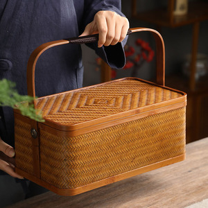 Handmade bamboo woven <b>basket</b>, retro style, double-layer bamboo food box, mooncake gift box, portable tea set <b>storage</b> box - Product Image 1