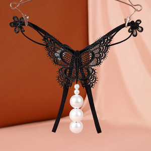 Sexy Women's Lace <b>Butterfly</b> <b>Thong</b> With Pearl Beads Invisible Breathable Intimates Accessory For Nightclubs - Product Image 1