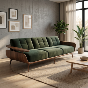 Sophisticated Green Velvet Three Seat <b>Sofa</b> with Natural <b>Wood</b> Textures and Minimalist Scandi-Modern Design - Product Image 3
