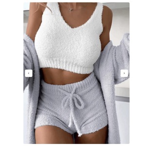 Women's Plush 3-Piece Loungewear Set Fleece Long Sleeve Crop <b>Top</b> Shorts Sleepwear Casual Wear For Winter Comfortable Home Outfit - Product Image 4