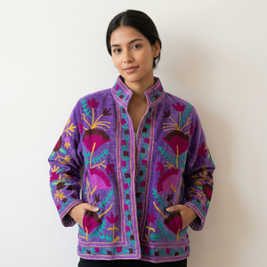 Women's Purple Velvet Embroidered <b>Quilted</b> <b>Jacket</b> with Floral <b>Pattern</b> Stand Collar Full Sleeve Autumn Style Cotton Lining - Product Image 1