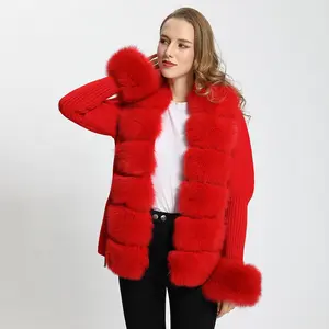 Hot Selling Autumn Knitted Clothing Women White Fox Fur Cardigan Sweater Jacket