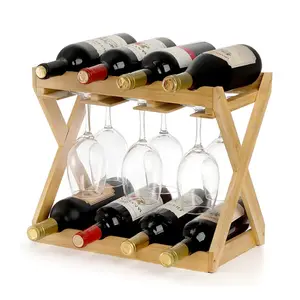 Organizzazione della dispensa elegante espositore per vino da appoggio portabottiglie in bambù portabottiglie per vino da 8 bottiglie con calici appesi