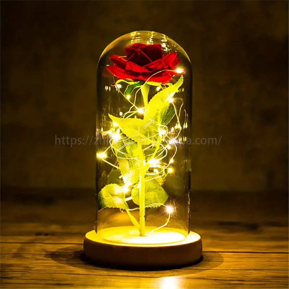 Rosa artificial delicada de cúpula de vidro, flor de rosa de luz led, ideal para flores decorativas, rosa de vidro, ideal para venda