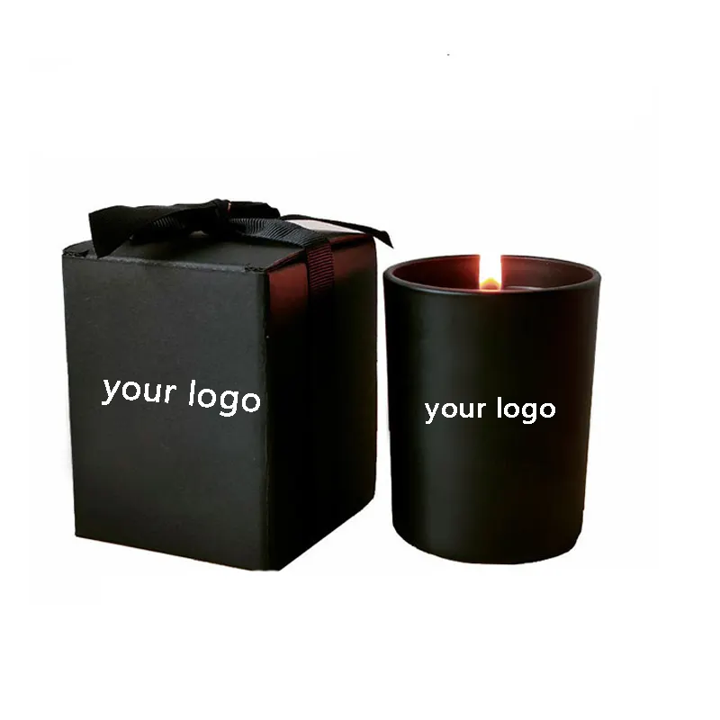 Logo personalizzato olio di lusso nero cera di soia candele Decorative smerigliate profumate confezione regalo personalizzata in barattolo di vetro nero con etichetta privata