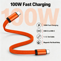 Câble USB PD 100W à Conception Magnétique, Câble Plat Tressé en Alliage d'Aluminium Compatible avec Ordinateur Portable, Moniteur, Téléphone Mobile