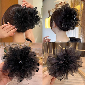 Clip à cheveux en forme de griffe de requin en satin de haute qualité, grand, noir, avec un nœud élégant, accessoire de cheveux durable, design <span class=keywords><strong>carré</strong></span> avec dos en diamant, pour femmes - Product Image 2