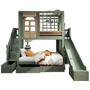 قلعة خشبية صلبة سرير أميرة للأطفال طقم سرير بطابقين للفتيات أثاث غرفة نوم وردي للفتيات مع زحليقة
