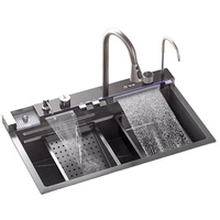 Évier de cuisine domestique moderne intelligent 304/201 en acier inoxydable noir LED cascade multifonction fait à la main bol carré en laiton Nano