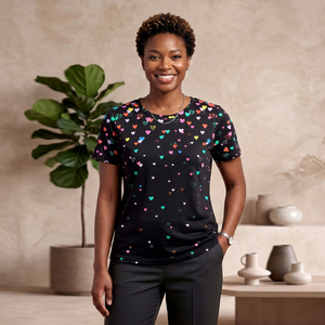 T-shirt à manches courtes noir pour femme avec imprimé cœurs colorés, col rond, décontracté, en coton tricoté, coupe classique, toutes saisons - Product Image 1