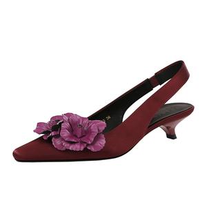 5129-H57 français haut <span class=keywords><strong>sens</strong></span> chaussures simples pour femmes pointu fleur conception mi-talon Satin arrière vide voyage ceinture PU pas fatigué été - Product Image 2