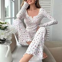 Nouvelle arrivée, vêtements de nuit, pyjama à manches longues avec col en V, imprimé floral, ensemble de pyjama pour femmes