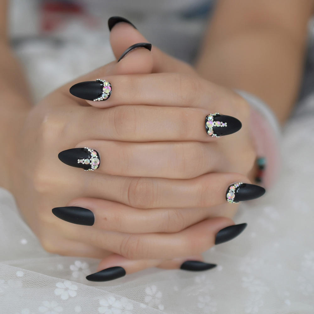Unhas Postiças de Luxo Cor AB com Padrão de Pedras Tridente 3D Acabamento  Fosco Matte Stiletto, image size:1000x1000