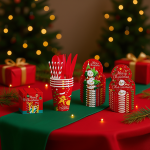 Vajilla para fiesta de Navidad, platos de papel, vasos, servilletas, juego de 10 piezas, diseño redondo de dibujos animados, suministros para fiestas respetuosos con el medio ambiente - Product Image 2