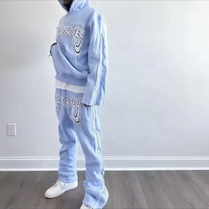 Sweat à capuche vintage personnalisé et pantalon évasé avec fermeture éclair deux pièces ensemble survêtement brodé survêtement pour hommes délavé à l'acide au soleil - Product Image 2