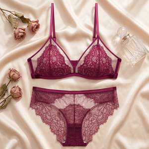 Wholesale Women's Red Lace Bra and Panty <b>Set</b> Breathable Wire Free <b>Sexy</b> Bra <b>Set</b> Romantic See Through Intimates <b>Set</b> OEM ODM - Product Image 2