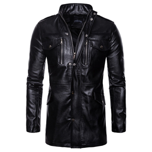 Primavera e autunno nuovo cappotto lungo da uomo con colletto nero giacca in pelle da motociclista con cerniera a quattro tasche giacca lunga da uomo. - Product Image 4