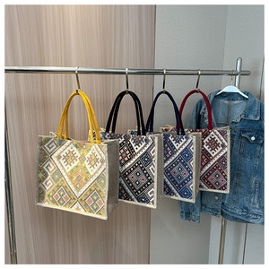 Sacola das mulheres de linho de grande capacidade com diamante padrão portátil moda estilo casual para estudantes sair bolsa de ombro - Product Image 4