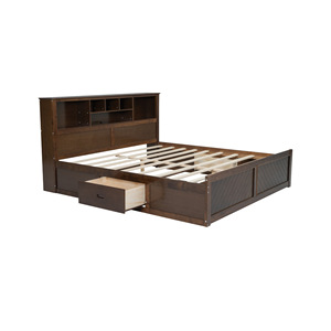 Cama de almacenamiento de madera oscura con estante en la cabecera y cajones debajo de la cama para uso en el dormitorio - Product Image 4