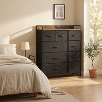 Commode rustique marron et noire à 9 tiroirs, commode de rangement en tissu avec conception anti-basculement, organisateur haut pour salon