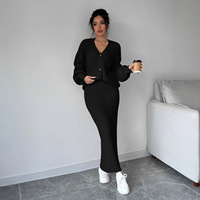 Ensemble 2 pièces pull et jupe en maille col V anti-boulochage à boutons, coupe ample, couleur unie, décontracté, pour femme, en Spandex/Coton – Collection Hiver