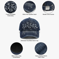 Casquette de sport réglable en denim 6 panneaux, style streetwear américain de luxe, effet vieilli, avec patch PVC floral croisé et bords bruts effet encre éclaboussée