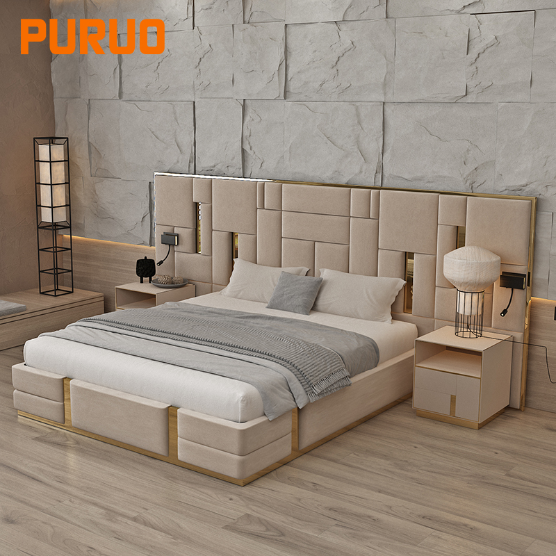 Мебель для спальни PURUO деревянная Золотая рамка из нержавеющей стали тканевый кожаный комплект постельного белья с отверстиями