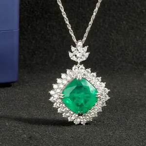 Fashion S925 Sterling Silver CZ Green Emerald Necklace Women Jewelry Zircon Pendant Necklace