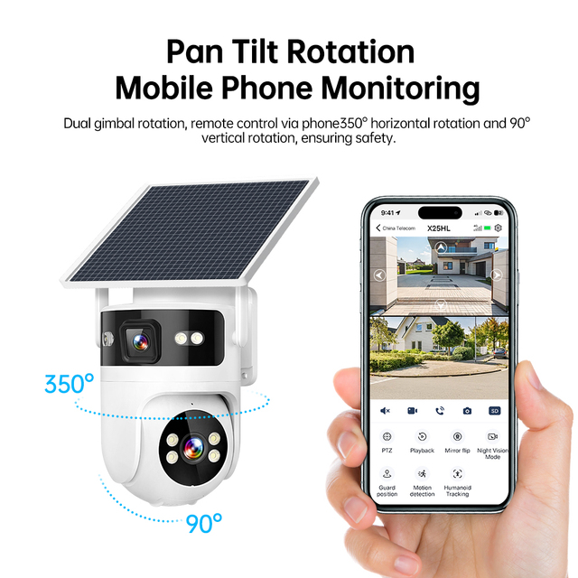 Solar PTZ Security Camera Dual Lens Outdoor 4G IP Camera AI Human Detection FullColor Night Vision IP66 Wireless Security Camera