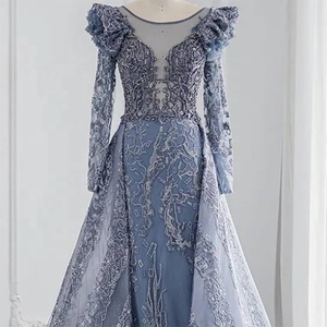 Jancember LSCZ300 abiti <span class=keywords><strong>da</strong></span> <span class=keywords><strong>sera</strong></span> a maniche lunghe in pizzo blu Navy eleganti <span class=keywords><strong>da</strong></span> donna abiti <span class=keywords><strong>da</strong></span> ballo 3D modello applique vita naturale - Product Image 1