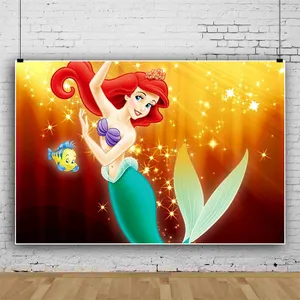 Cartoon Vinyl Custom Mermaid Princess Ariel Party Backdrops Mermaid Background Wall Cloth Baby Shower Birthday Party Decoration