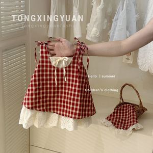 Child Star Circle Girls Red Plaid Sleeveless Dress Spaghetti Strap Breathable Summer Wear - Product Image 2