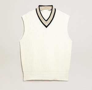 Chaleco holgado de punto de moda informal personalizado, chaleco sin mangas con cuello en V de hilo de algodón de Color papiro para hombre - Product Image 5