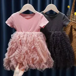 Layered Baby Girls Dress Short Sleeve Ribbed Pink Tulle Baby Dressing Gown Summer Kids Tutu Tulle Dress