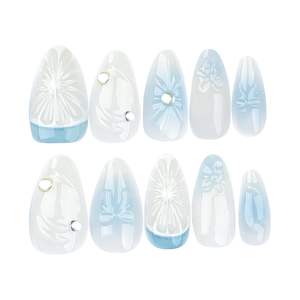 3D <span class=keywords><strong>almendra</strong></span> medio acrílico prensa <span class=keywords><strong>uñas</strong></span> hecho a mano azul prensa <span class=keywords><strong>uñas</strong></span> limón flor arco diseño 24 Uds reutilizable para verano diario - Product Image 2