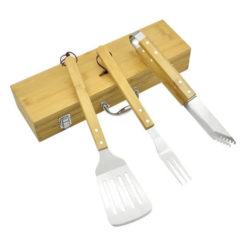 Amazon Hot Sale Wholesale Portable 3 Pcs BBQ Outdoor Tools Set Multi Accessories BBQ Tools With Bamboo Handle In Bamboo Case