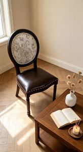 <b>Vintage</b> Round Back Dining Chair, Dark Wood <b>Frame</b> with Floral Fabric & Leather Seat - Product Image 6