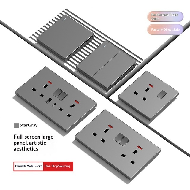UK Standard Grounded British Two Gang Five Hole Dual USB Pure Copper Panel 13A Multi Functional Grey Luxury Wall Switch Socket