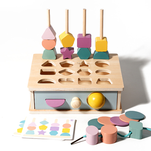Gioco Educativo 4 in 1 Certificato CE CPC: Abbinamento Forme Geometriche in Legno, Perline, Scatola con Cassetti e Gioco di Infilatura - Product Image 1