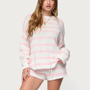 Summer women's casual color blocked striped long sleeved top with lace up shorts contrasting color two-<b>piece</b> <b>set</b> - Product Image 3