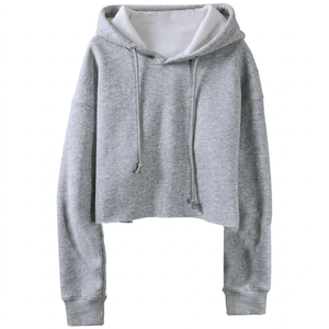 Sudadera con capucha corta gris de color sólido, manga regular, informal, para otoño, para mujer - Product Image 1