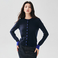 Nouvelle collection automne/hiver, cardigan à col rond en 30% cachemire et 70% laine, poignets bicolores, boutons colorés, coupe ajustée, pull tricoté