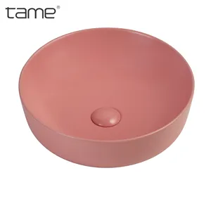 TAME PZ6136-MP गुलाबी रंग सिरेमिक गोल काउंटर टॉप लावाबो हैंड वॉश बेसिन काउंटर बेसिन के ऊपर बाथरूम बाउल